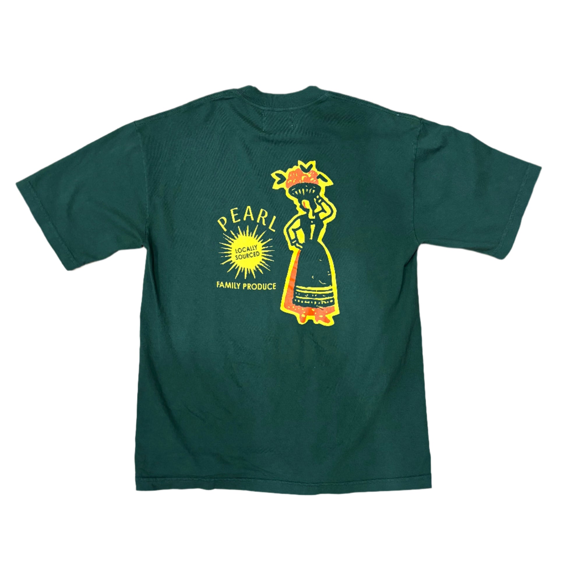view of rear of green t-shirt with logo of woman carrying basket of fruit