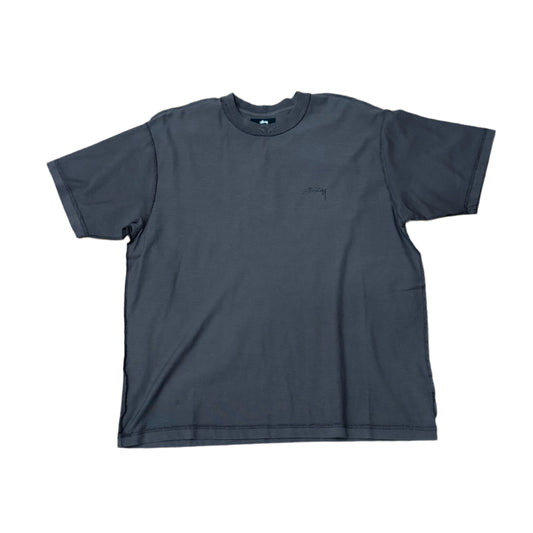 grey t-shirt with inside out seams and STUSSY embroidery on left chest