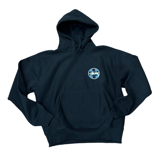 front view of black hoodie with STUSSY cross logo screenprinted on left chest