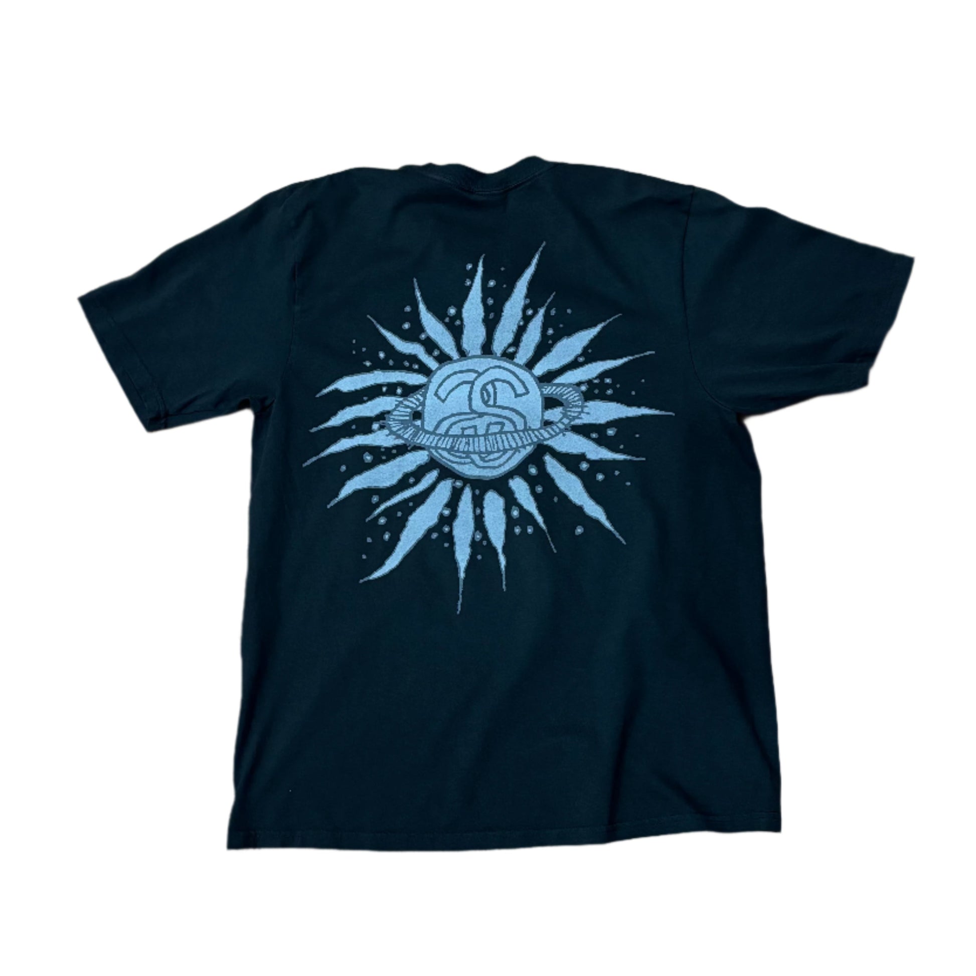 rear view of black t-shirt with double S stussy sun and rings logo
