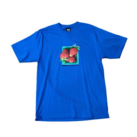 Royal blue t-shirt with a basket of strawberries printed in center of chest