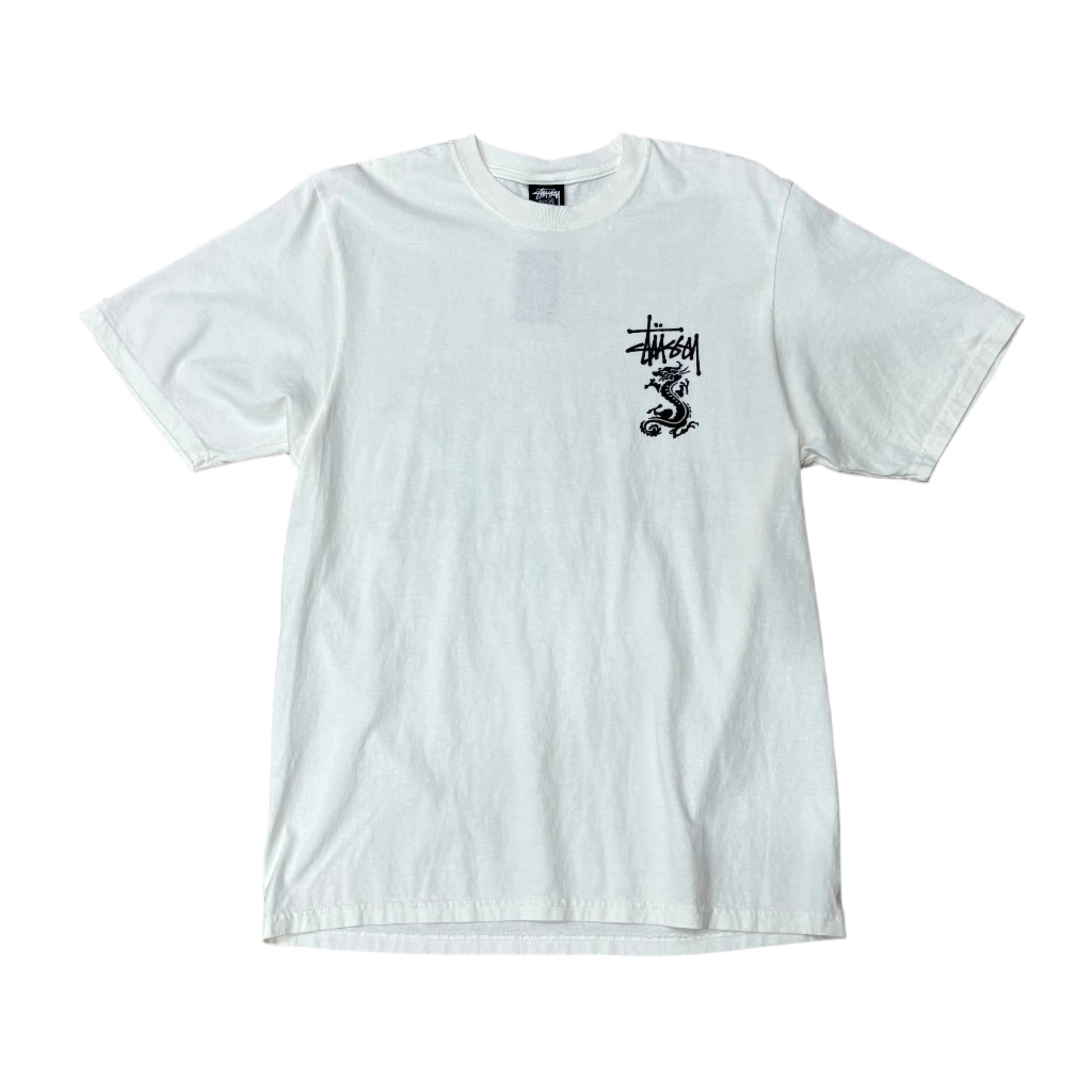 white stussy logo t-shirt with dragon logo and STUSSY printed on left chest