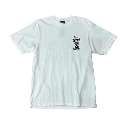 white stussy logo t-shirt with dragon logo and STUSSY printed on left chest