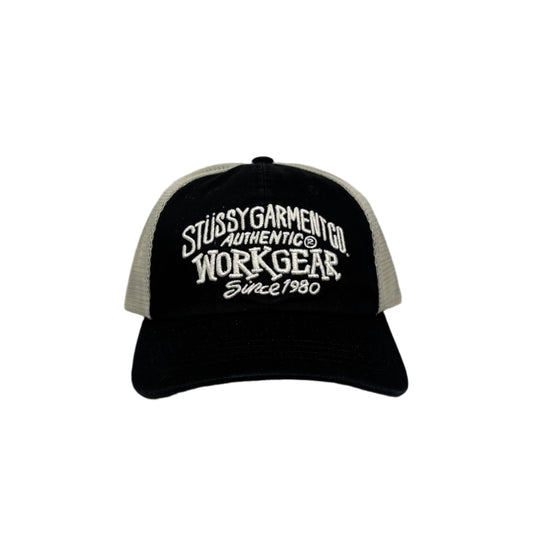 front view of mesh and cotton cap with STUSSY GARMENT CO AUTHENTIC WORKGEAR SINCE 1980 embroidered on crown of cap