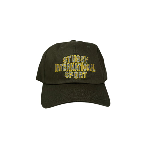 view of olive cap with STUSSY INTERNATIONAL SPORT embroiredered on front