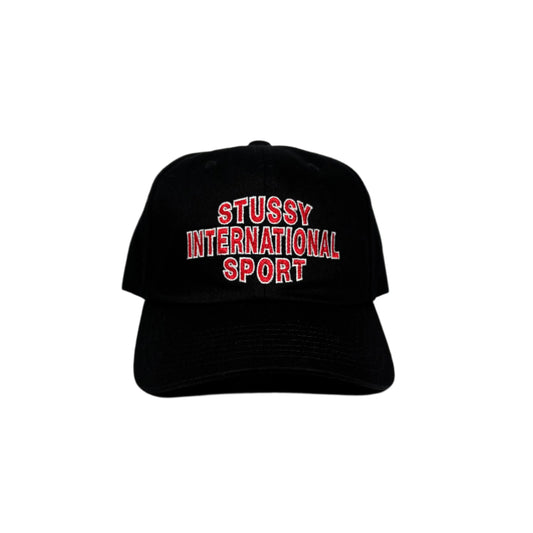 black cap with STUSSY INTERNATIONAL SPORT embroidered on crown