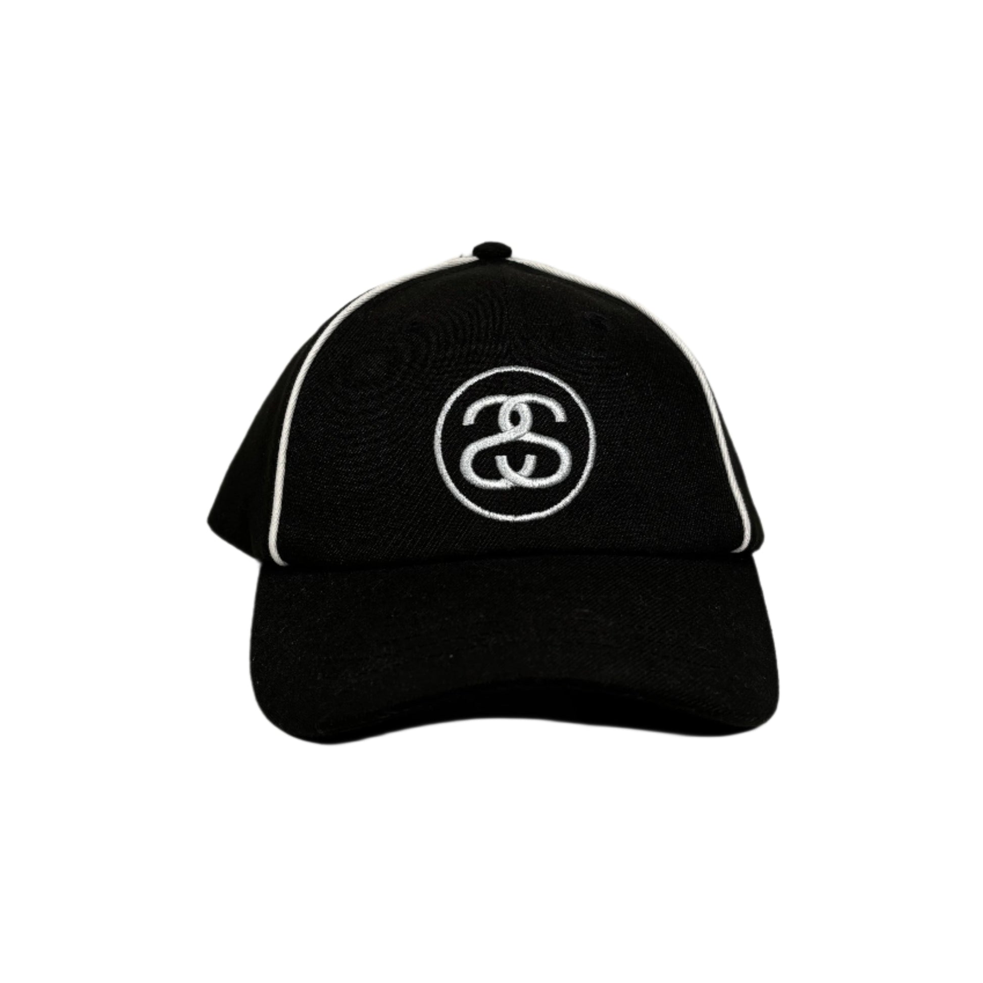 front view of S DOUBLE circle logo on black cap with white piping