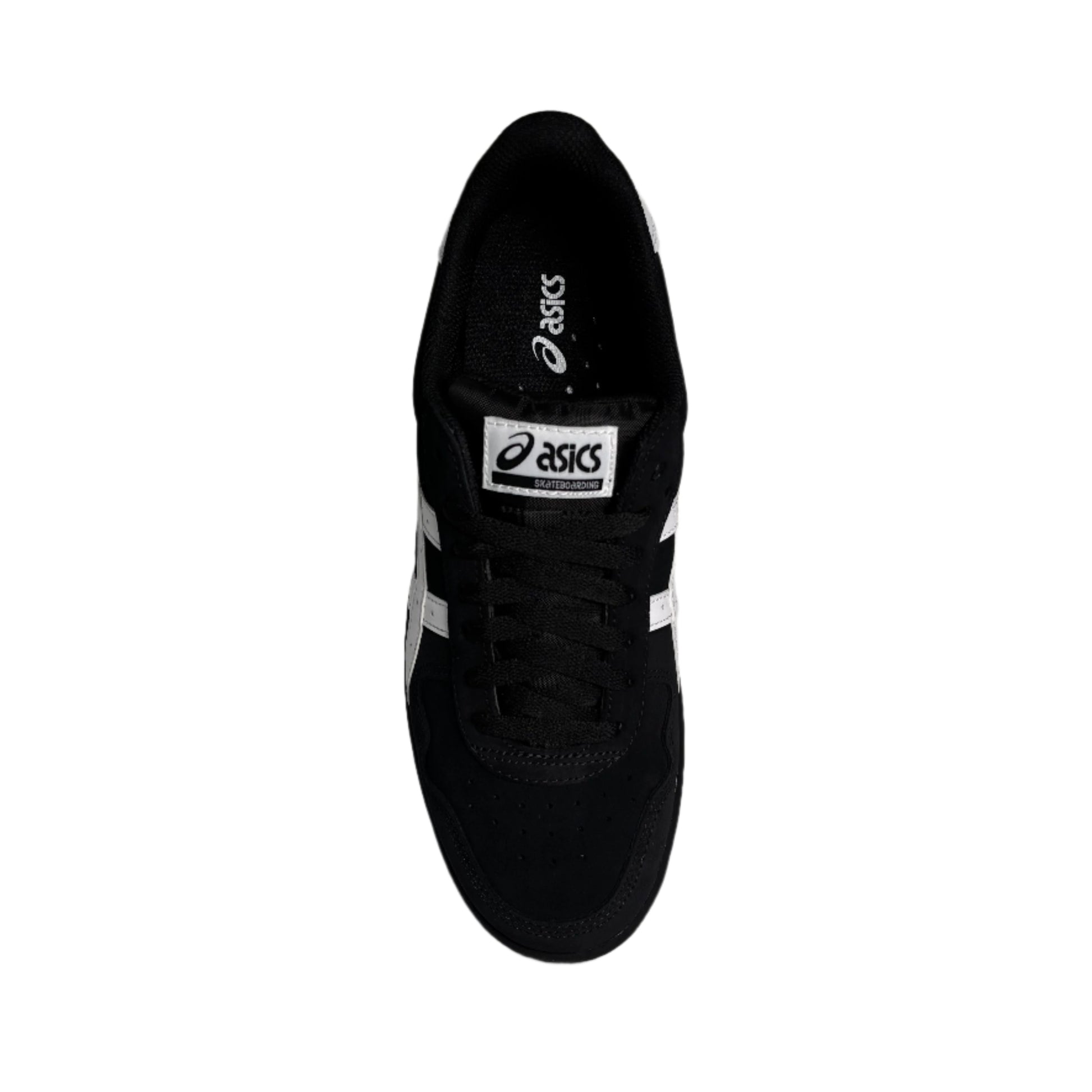 overhead view of black suede skateshoe