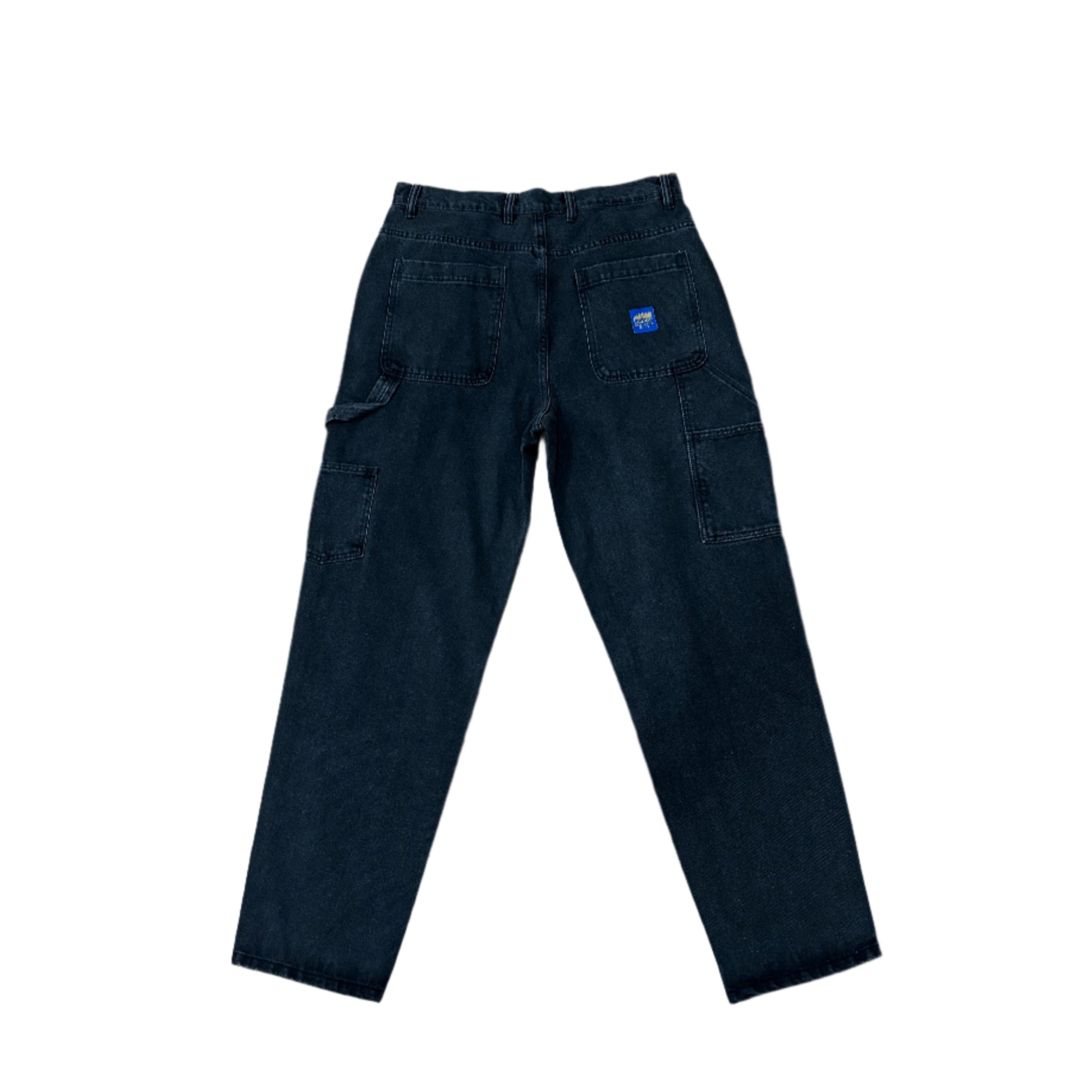 rear of black washed denim pant with pocket label visible