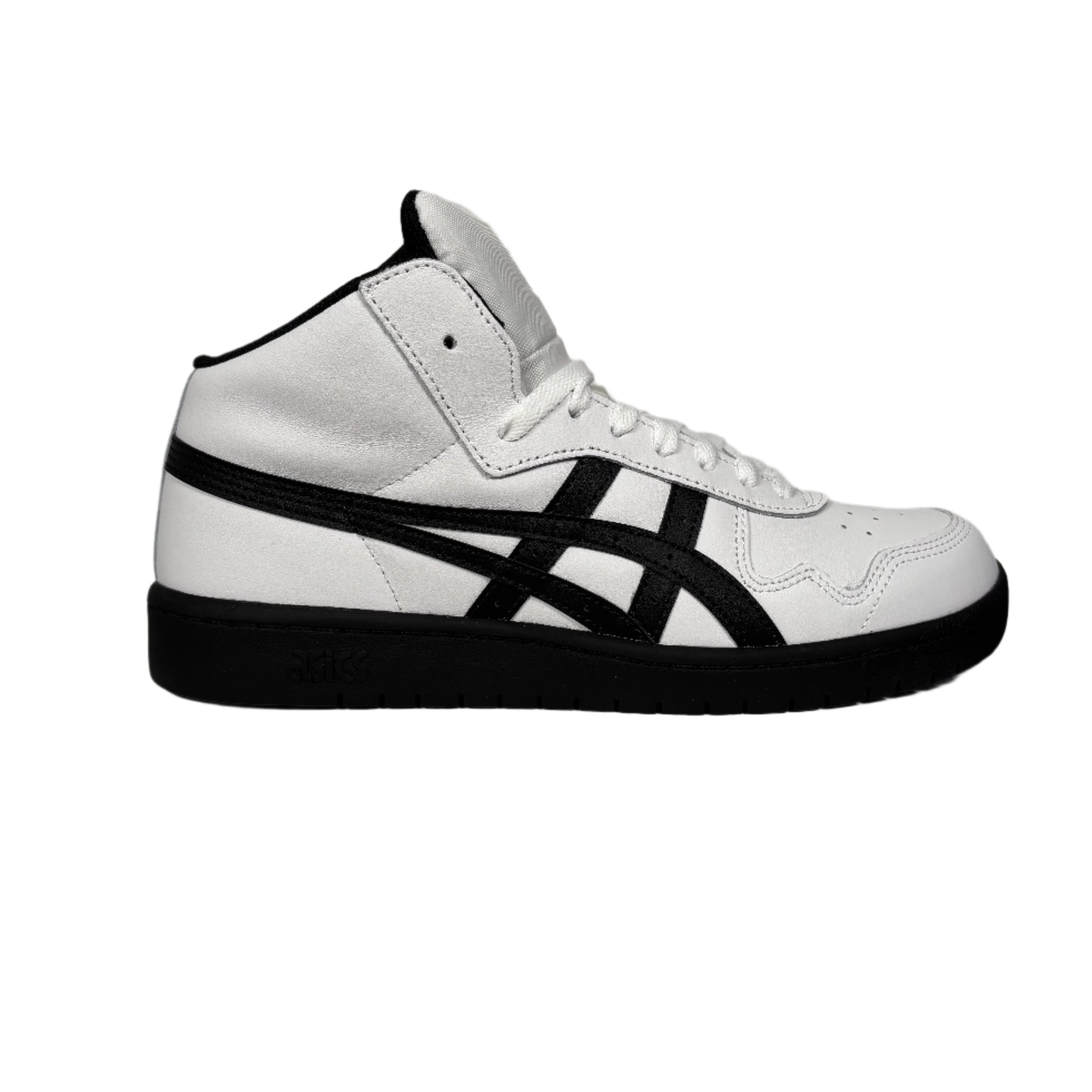 side view of white leather mid top show with black outsole