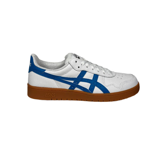 side view of white leather low top sneaker with blue stripes and gum rubber outsole