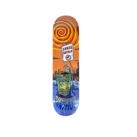 multi color skateboard graphic with rat on a trash can with a swirly cartoon sun in the background
