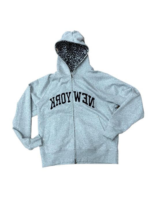 heather grey zip hoodie with NEW YORK printed in an arch backwards