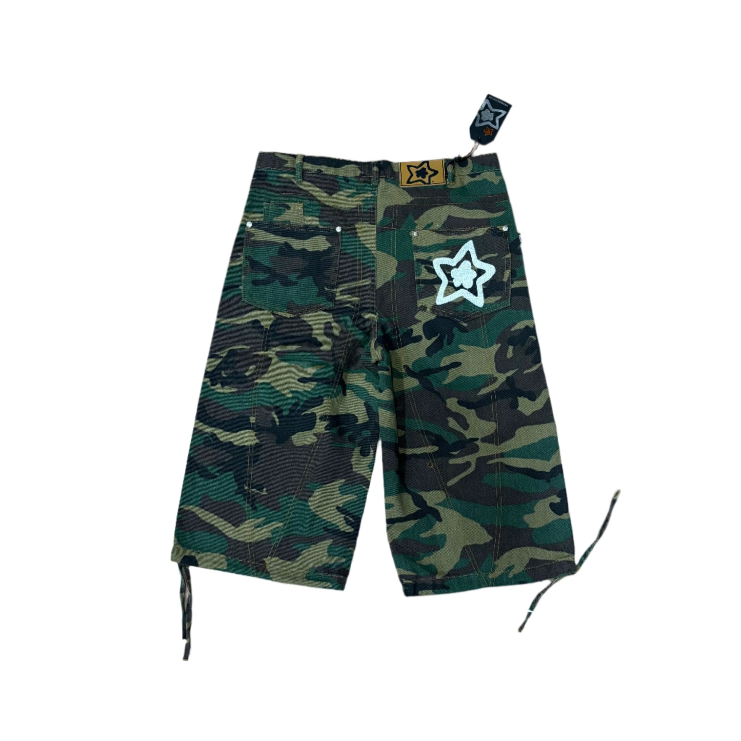 view of camo capri with star on pocket