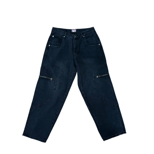 front view of black denim cargo pant with zipper pocket
