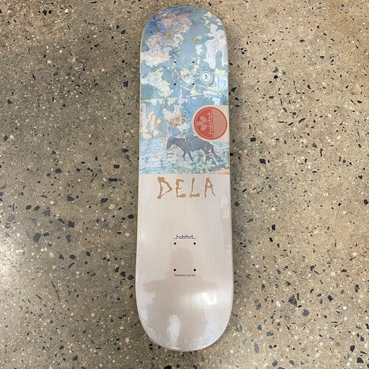 cream and blue skateboard with a man riding a horse