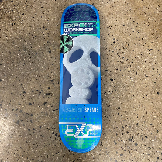 blue skateboard with a figurine wearing a gas mask 