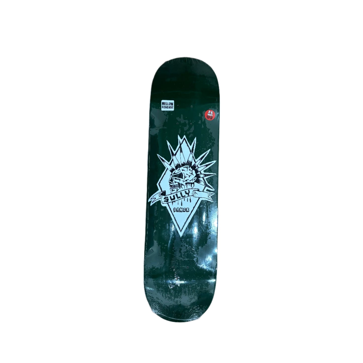green skateboard deck with white mohawk guy on center of deck