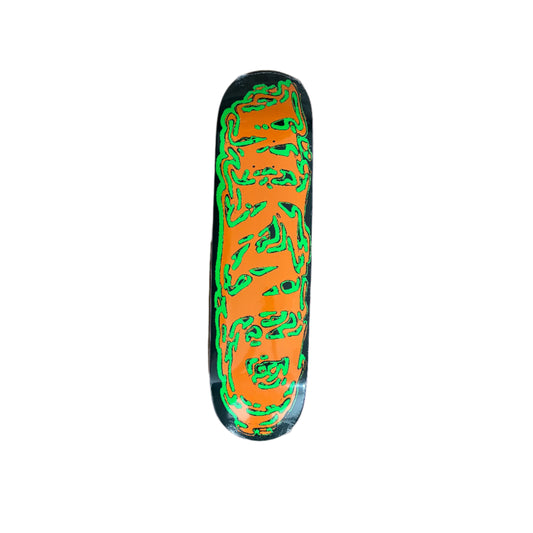bright multi color WKND logo on black skateboard deck, horizontally