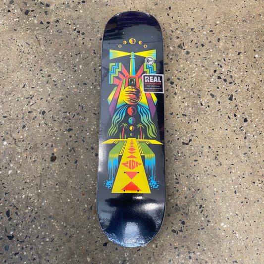 black skateboard with a drawing of a lighthouse and planets and waterfalls