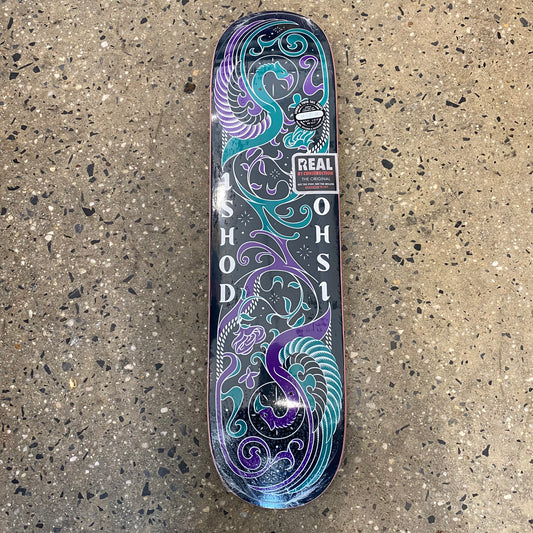 black skateboard with purple and blue drawings of birds and white text