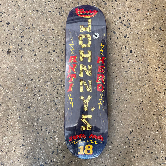 skateboard with letters written in bamboo and red text