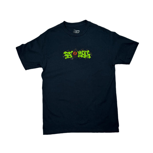 bronze grafitti logo on center chest of t-shirt