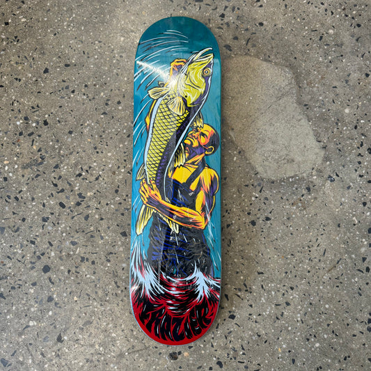 teal woodstained skateboard deck with a man holding a fish on it