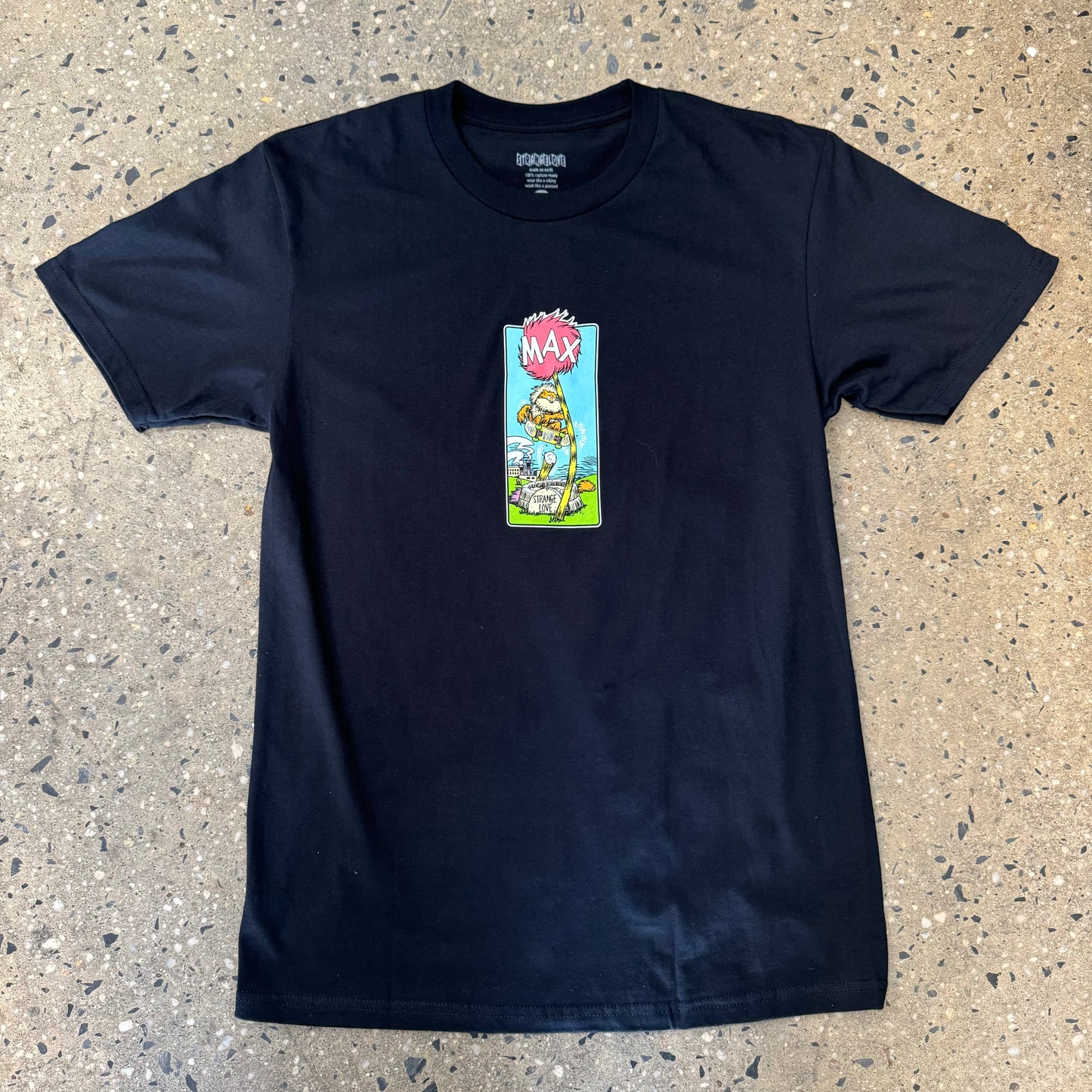 black t shirt with furry character in the center