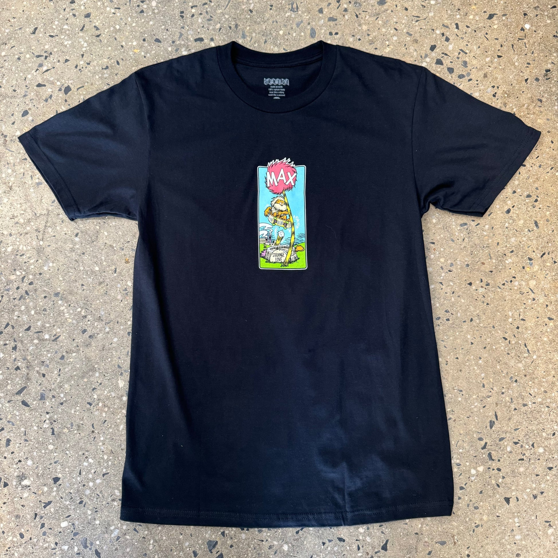 black t shirt with furry character in the center