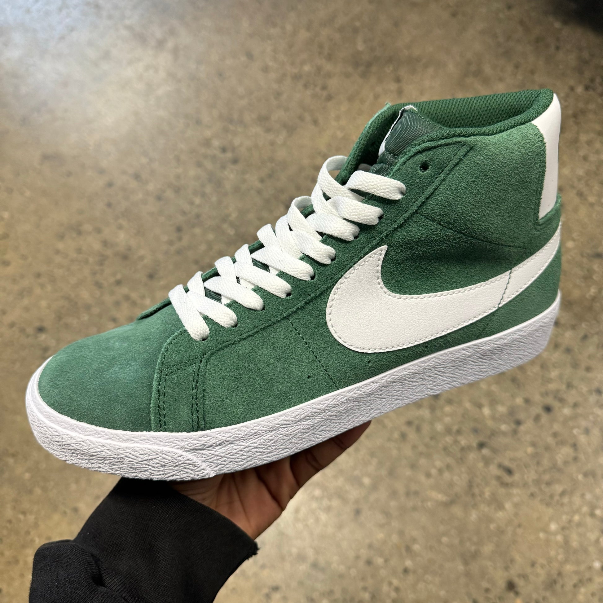 green and white suede hi top sneaker with white sole
