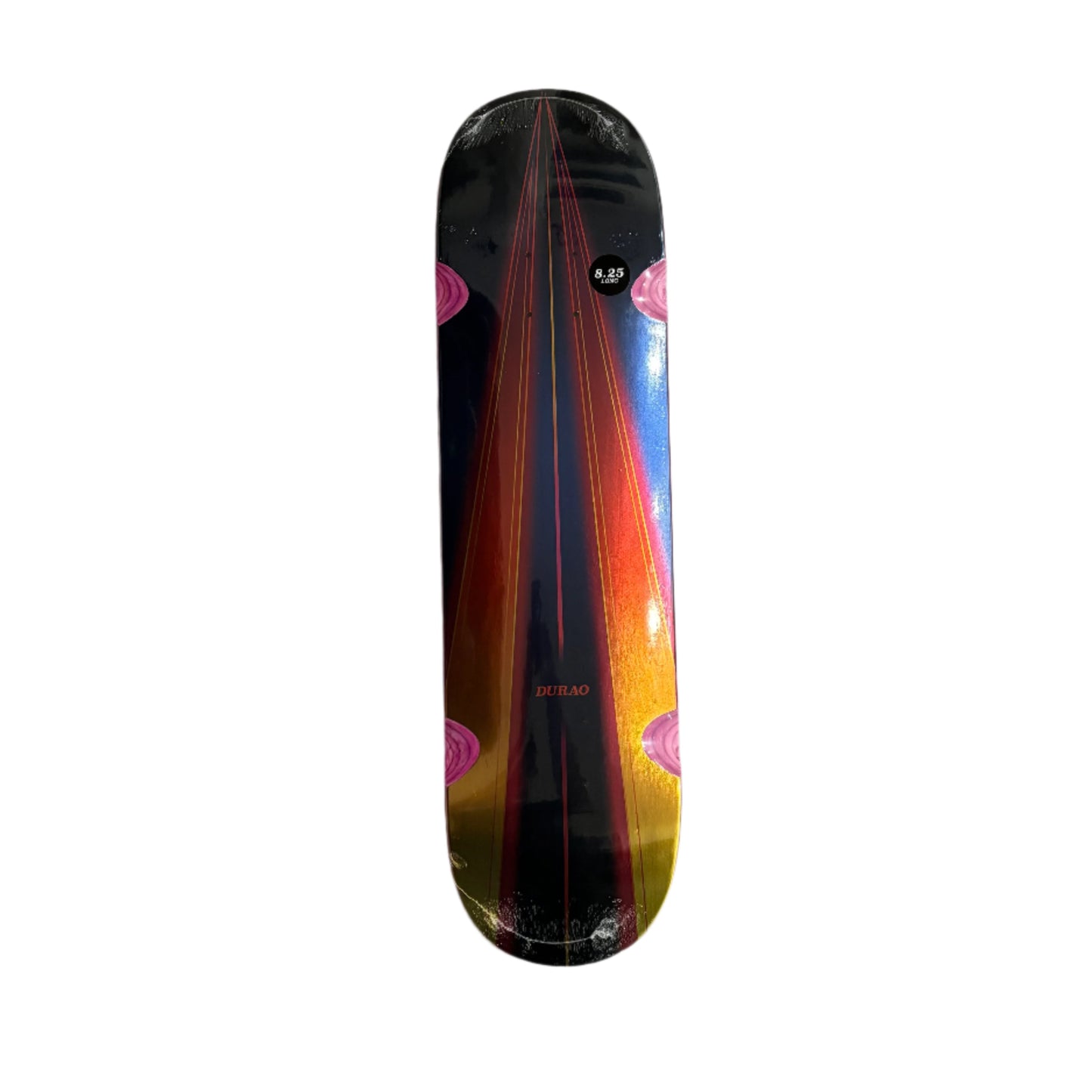 Skateboard deck with a colorful design on a white surface