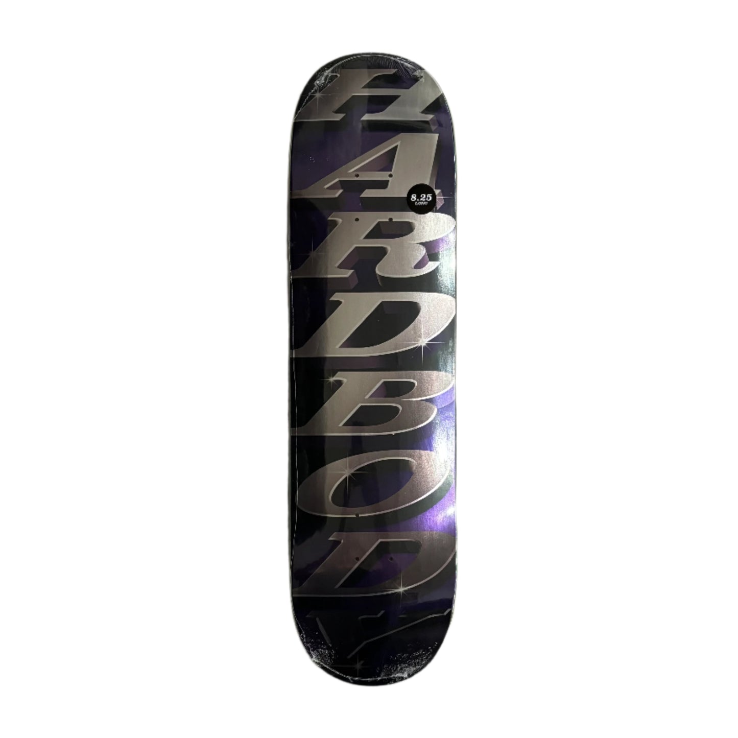 Skateboard deck with 'hardbody' branding on a white surface