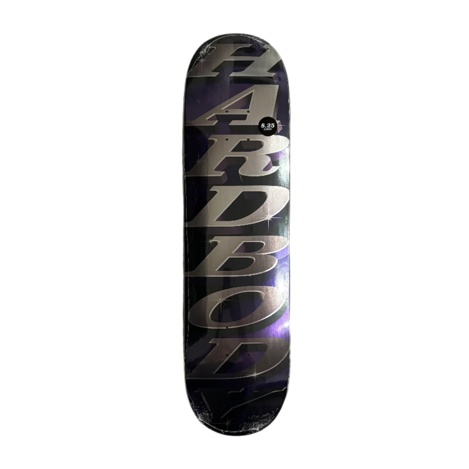 Skateboard deck with 'hardbody' branding on a white surface