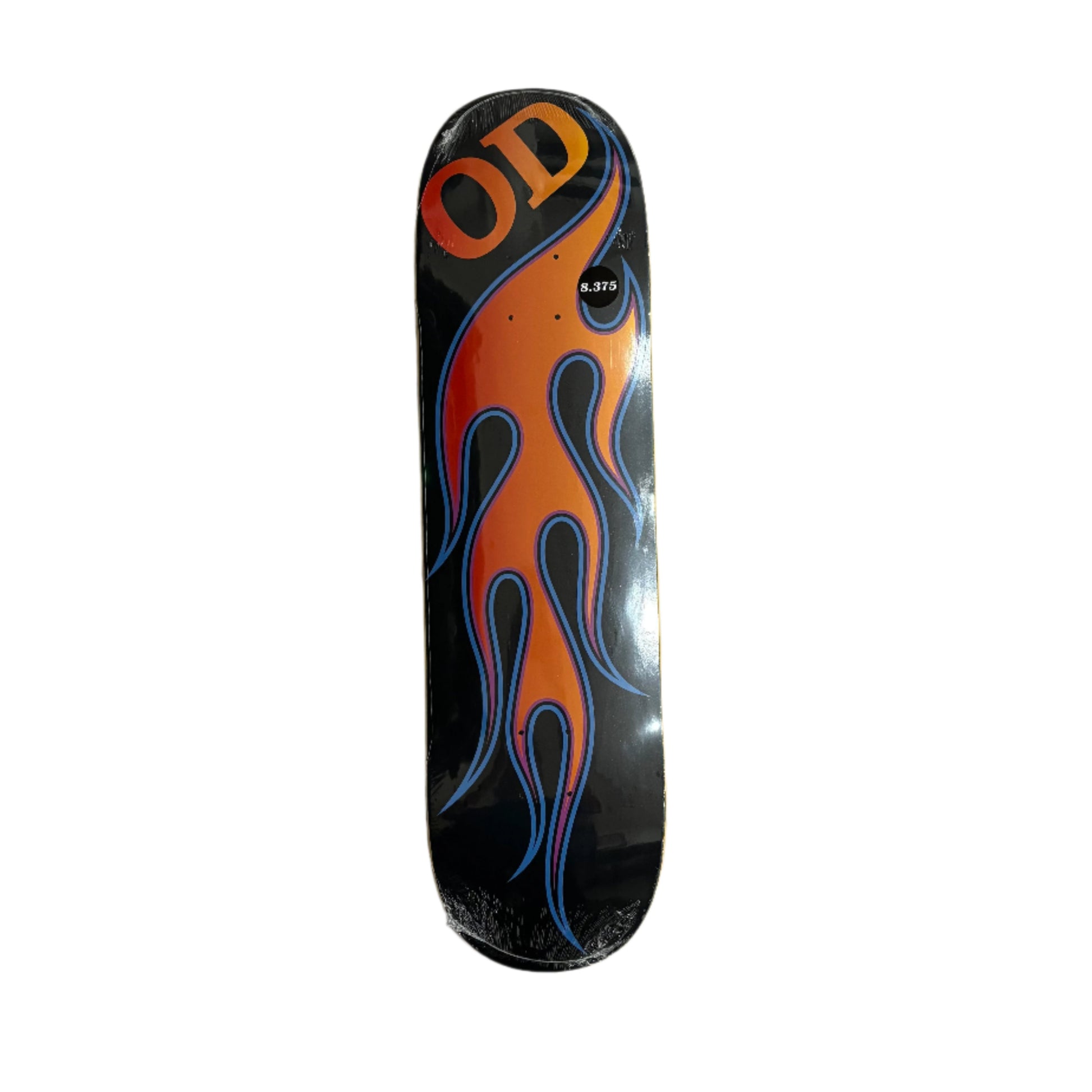 Skateboard deck with flame design and 'OD' branding on a white surface.