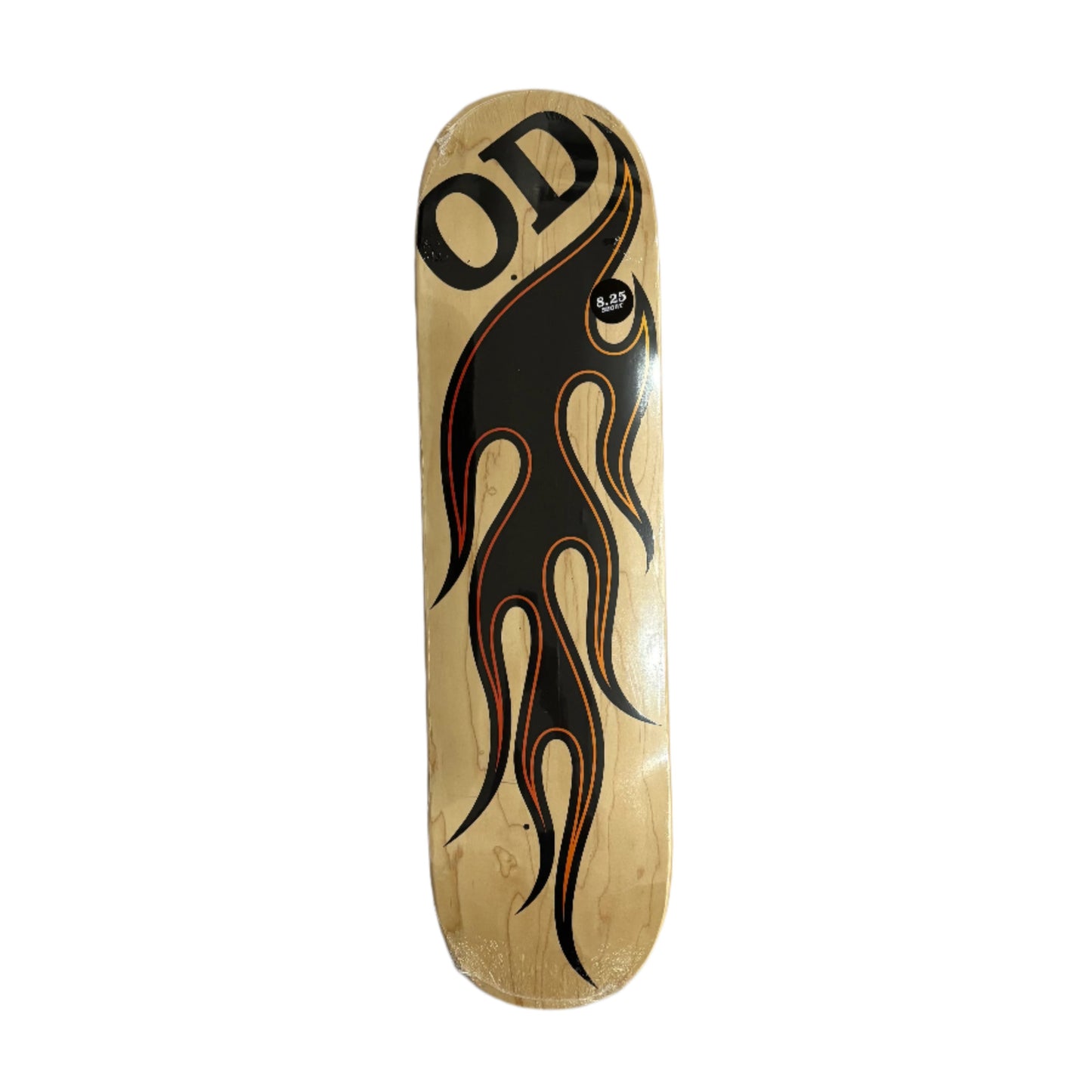 Skateboard deck with flame design and 'OD' logo on a white surface