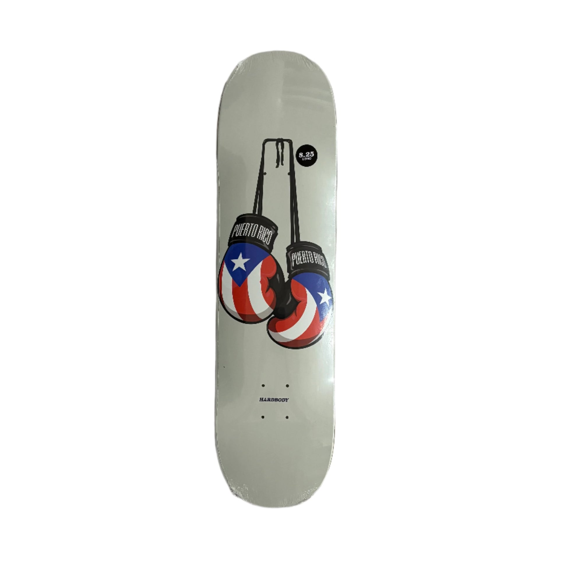 Skateboard deck with graphic design on a white surface