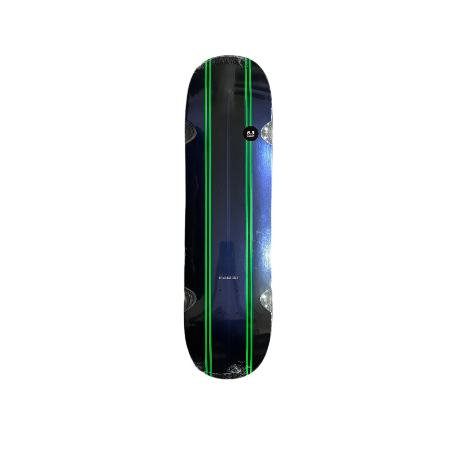 Skateboard deck with green stripes on a white surface