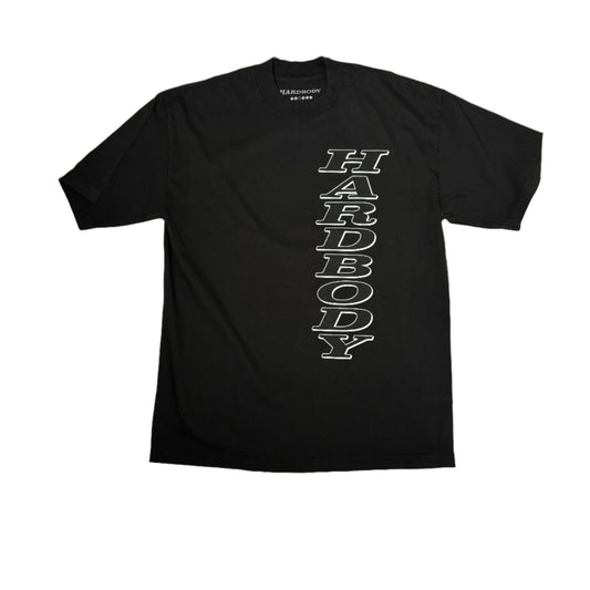 Black t-shirt with 'HARDBODY' text on a gray surface
