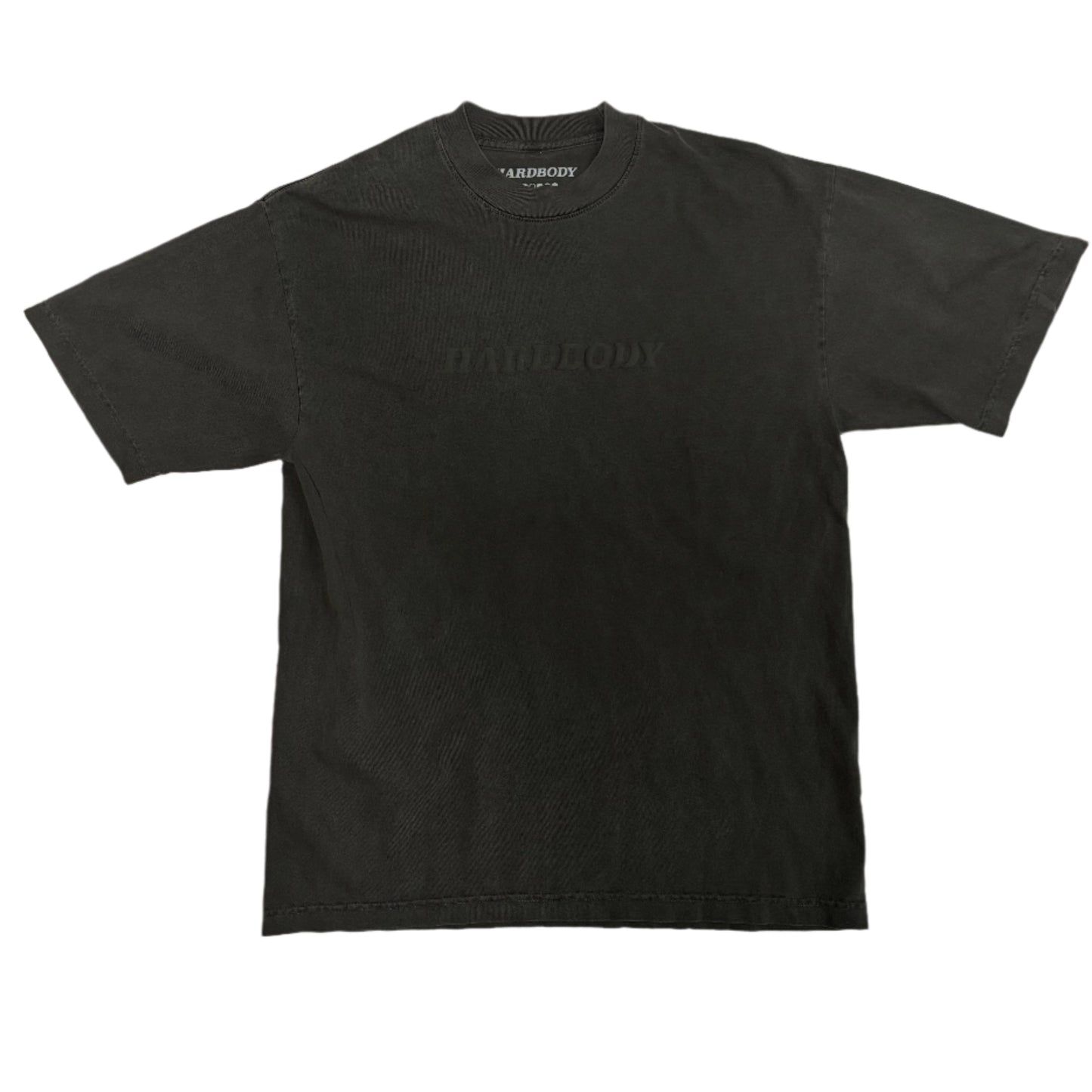 Black t-shirt with a brand logo on a white background