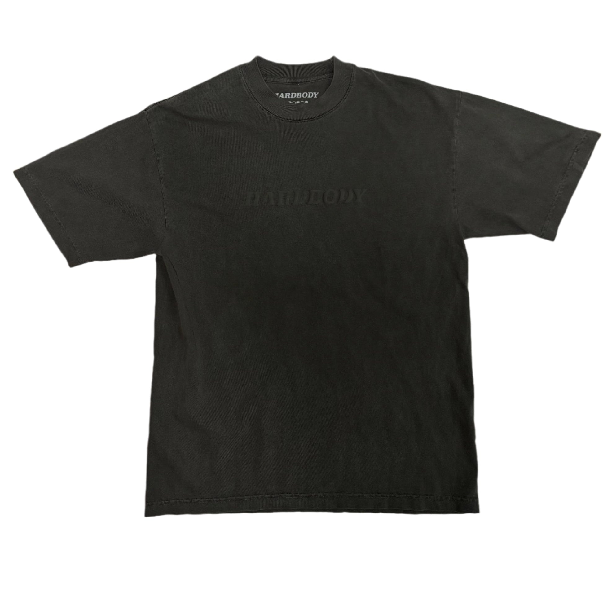 Black t-shirt with a brand logo on a white background