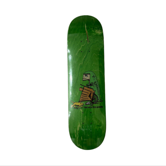 Green skateboard deck with a graphic design on a white surface