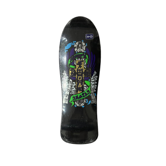Skateboard deck with colorful graphics on a white surface