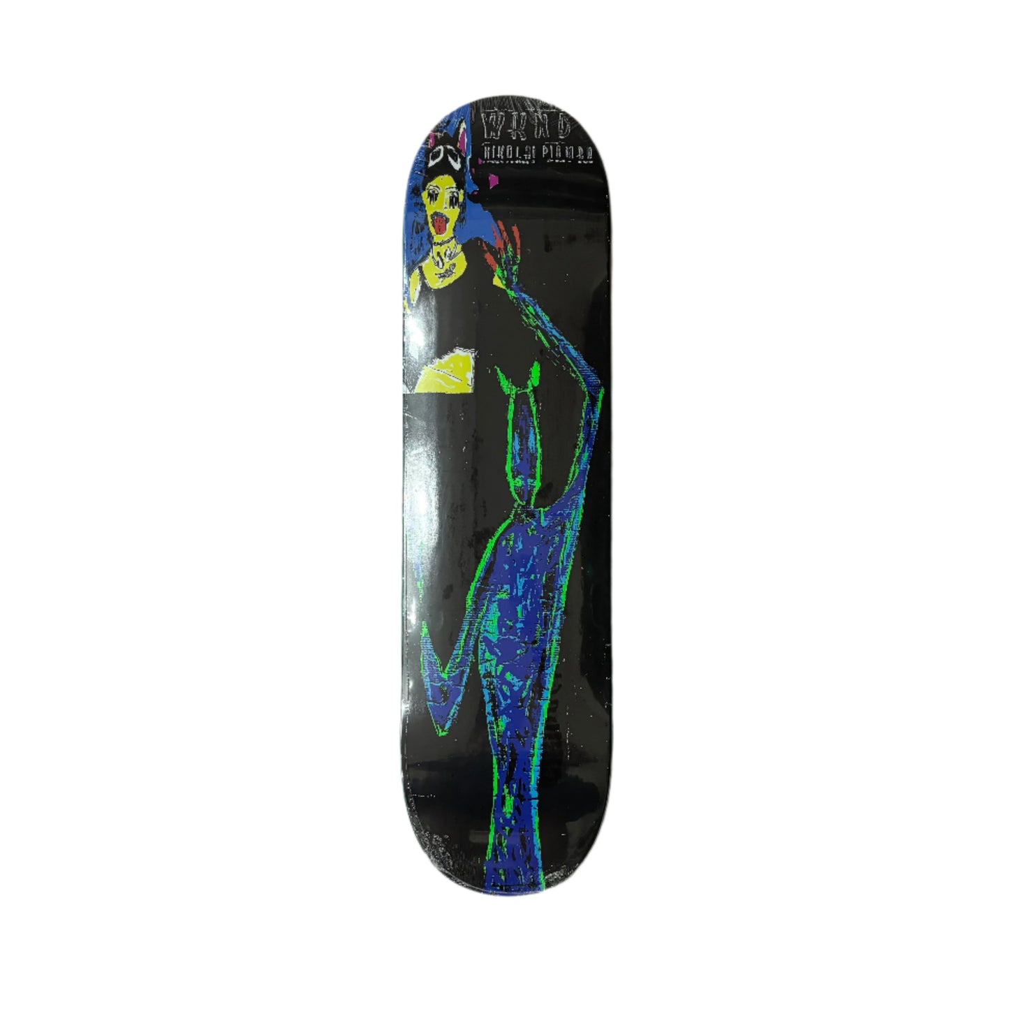 Skateboard deck with artistic design on a white surface
