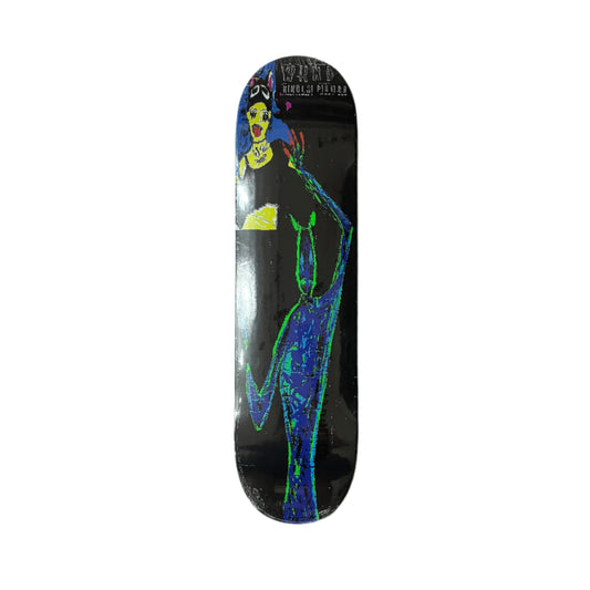 Skateboard deck with artistic design on a white surface
