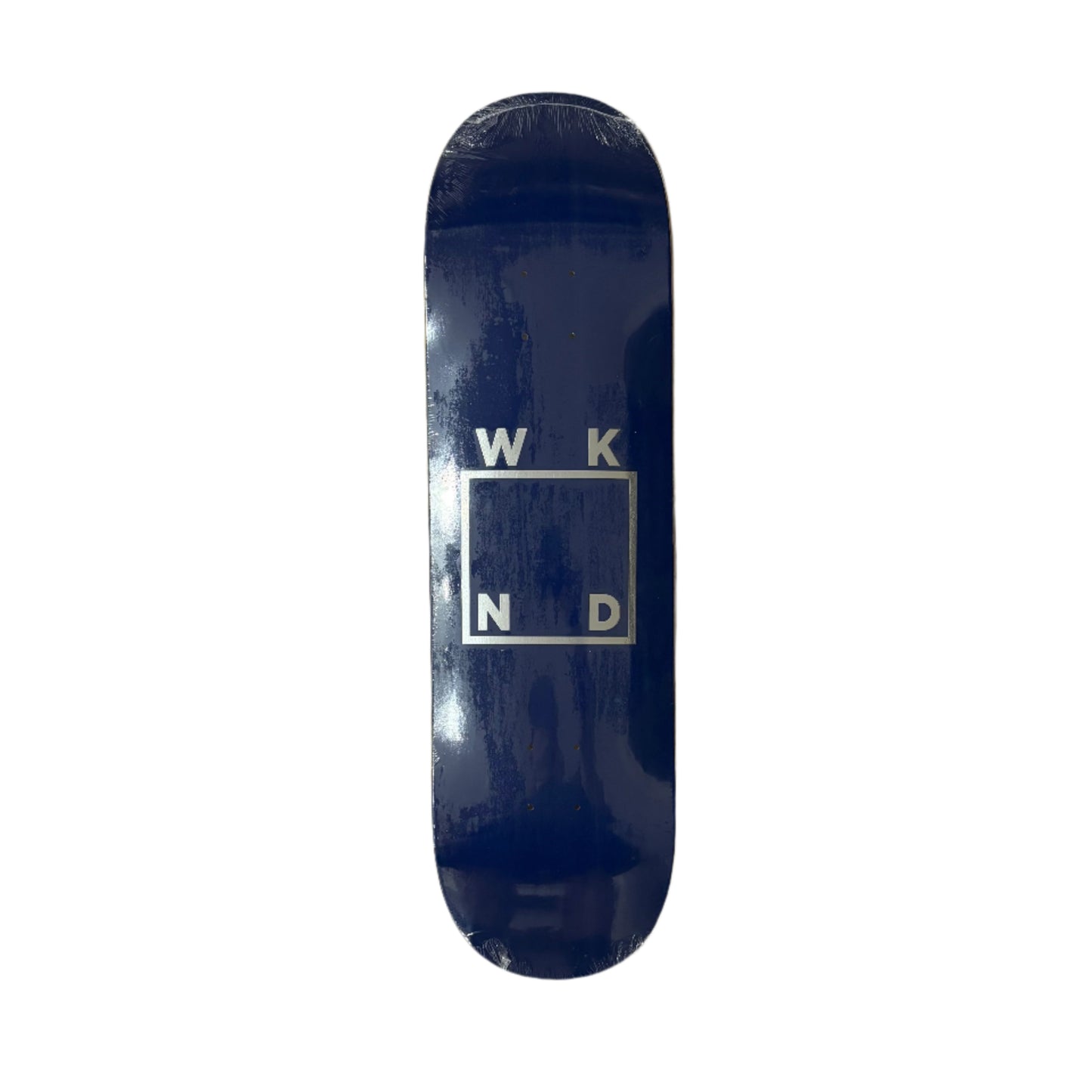 Blue skateboard deck with 'WKND' logo on a white surface