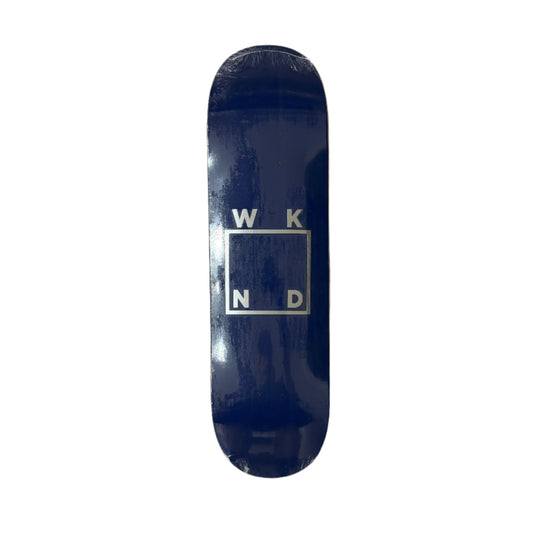 Blue skateboard deck with 'WKND' logo on a white surface