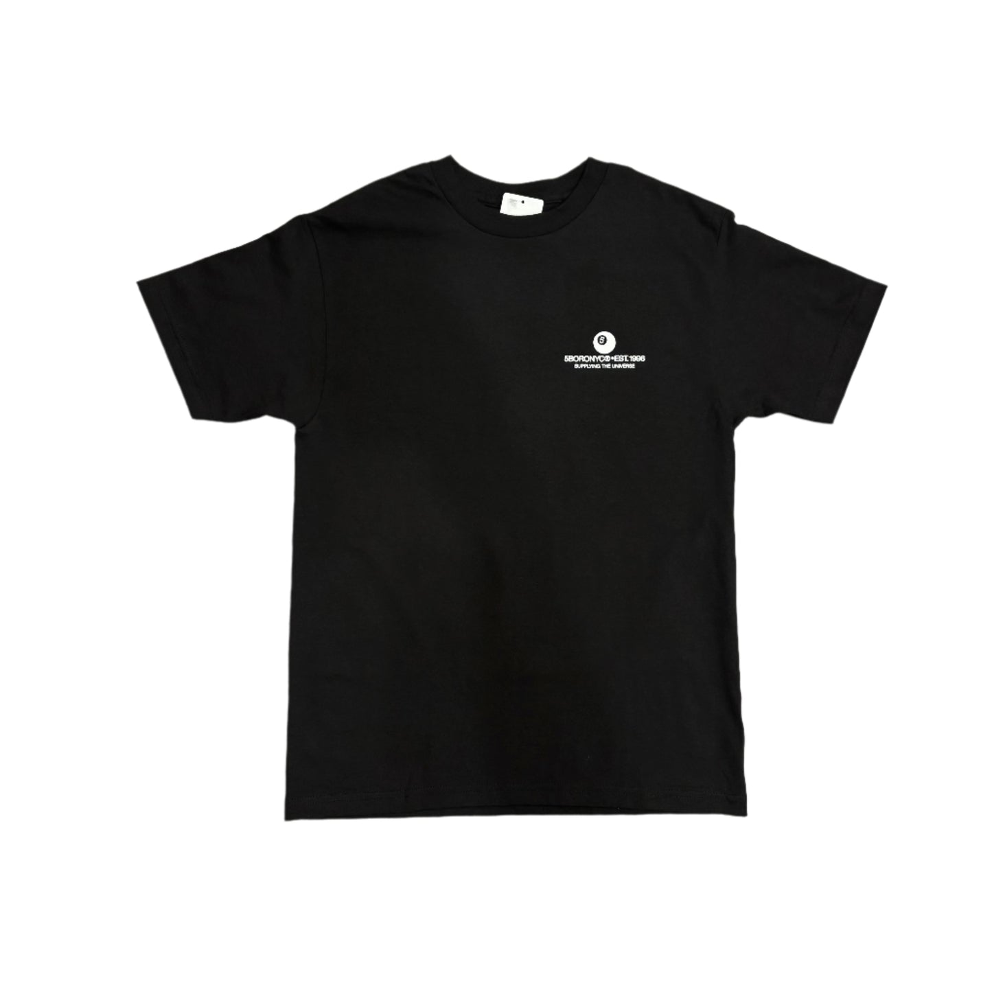 Black t-shirt with a white logo on a white surface