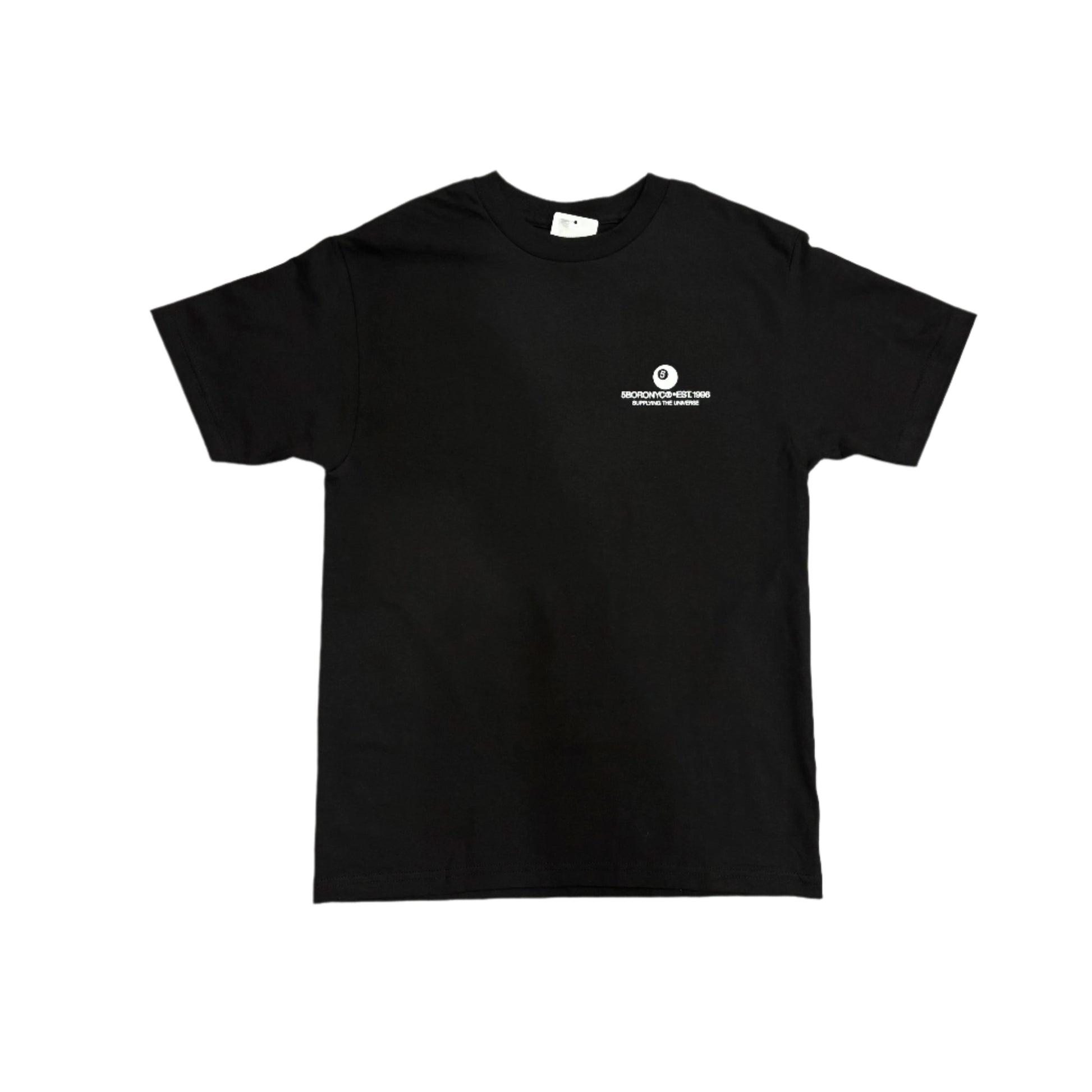 Black t-shirt with a white logo on a white surface