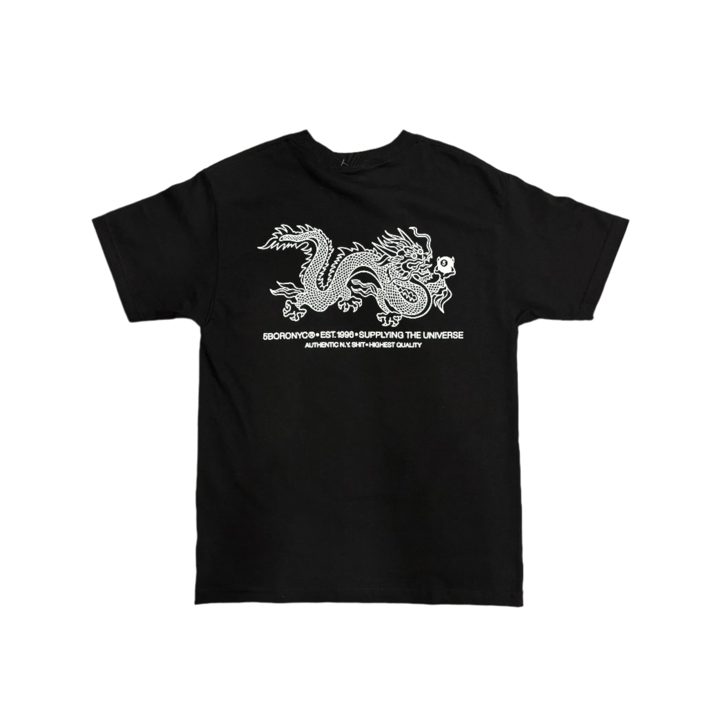Black t-shirt with white dragon design on a white surface